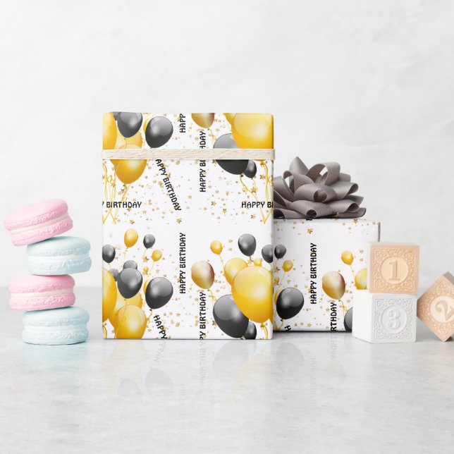 Papel de envolvimiento de oro y globos negros (Baby Shower)