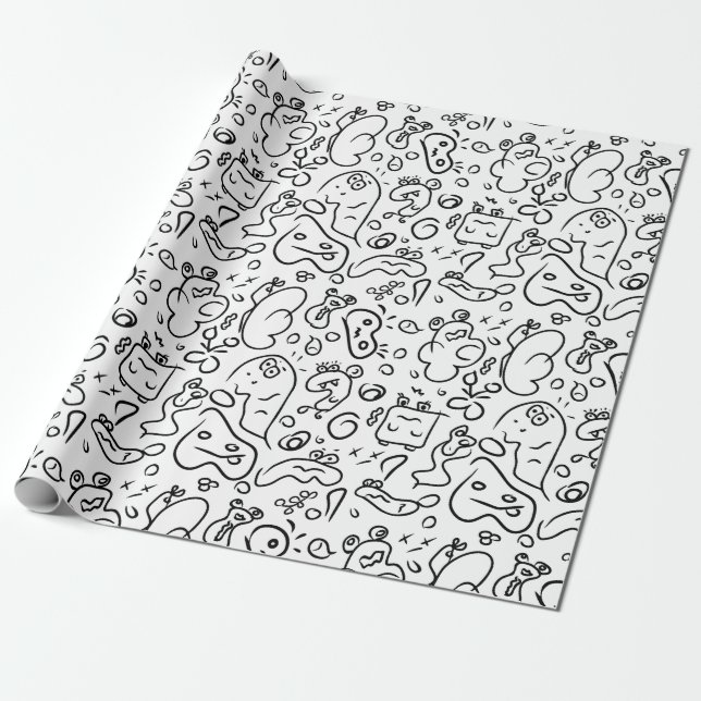 Papel de envolvimiento de patrones de doodle en bl (Desenrollado)
