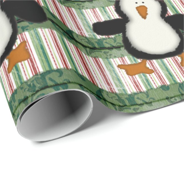 Papel de envolvimiento de rayas de penguín navideñ (Esquina del rollo)
