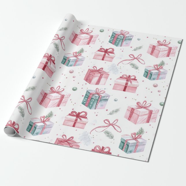 Papel de envolvimiento de regalo de Navidades rosa (Desenrollado)