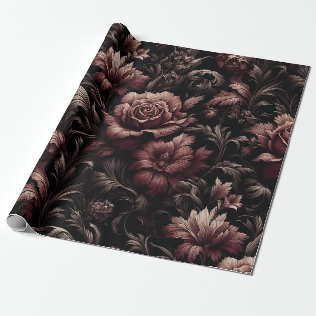 Papel de envolvimiento de regalo floral negro marr (Desenrollado)