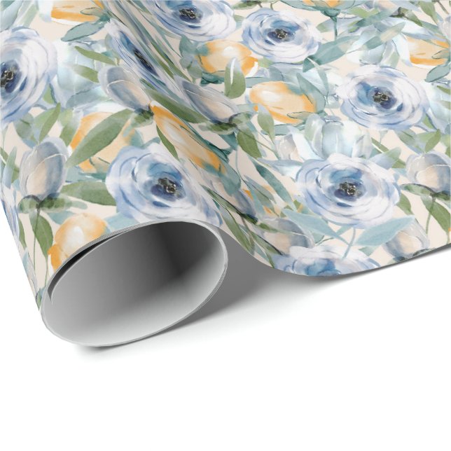 Papel de envolvimiento de rosas azules y amarillas (Esquina del rollo)