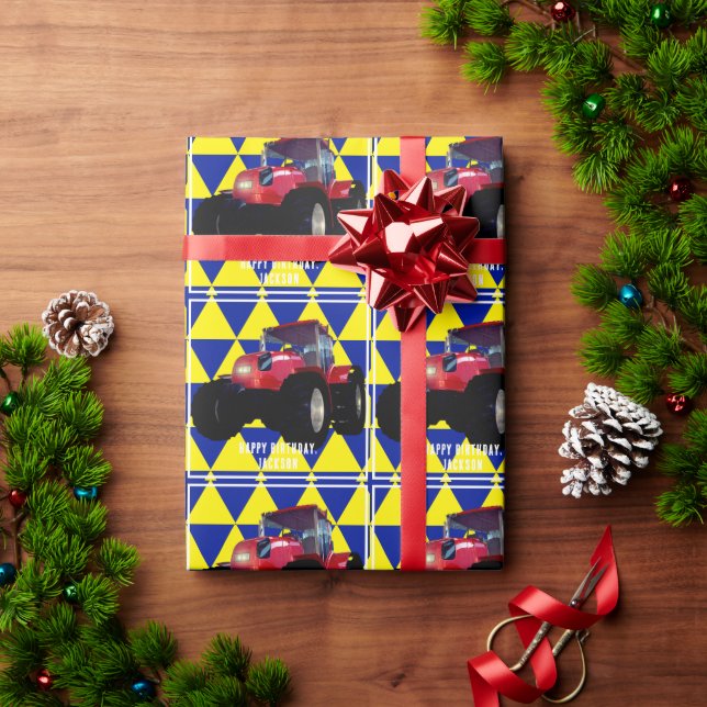 Papel de envolvimiento de tractores rojos modernos (Regalo de vacaciones)