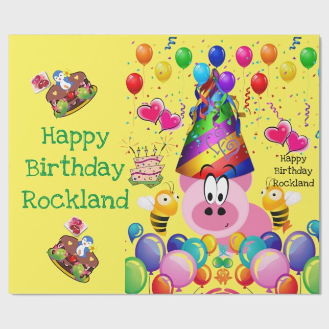 Papel de envolvimiento feliz de cumpleaños cerdo B (Superficie plana)