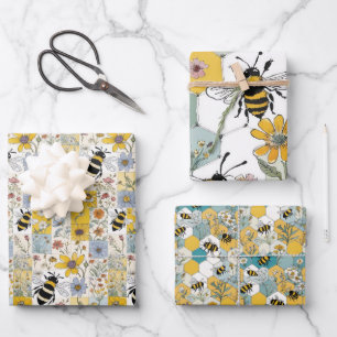 Papel de envolvimiento floral de abejas conjunto d