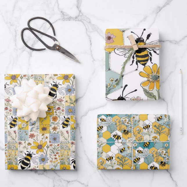 Papel de envolvimiento floral de abejas conjunto d (Anverso)