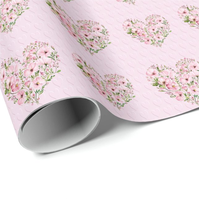 Papel de envolvimiento floral de corazón rosado (Esquina del rollo)