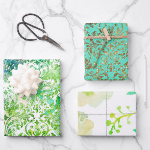 Papel de envolvimiento floral de encaje dorado azu