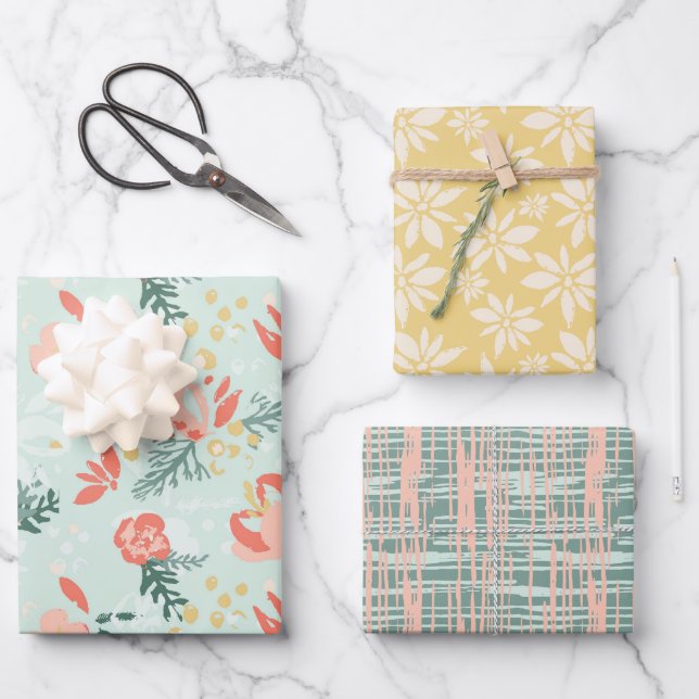 Papel de envolvimiento floral festivo conjunto de  (Anverso)