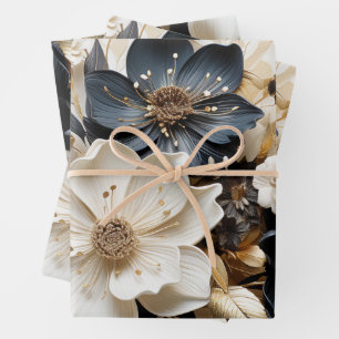 Papel de envolvimiento floral oro azul blanco