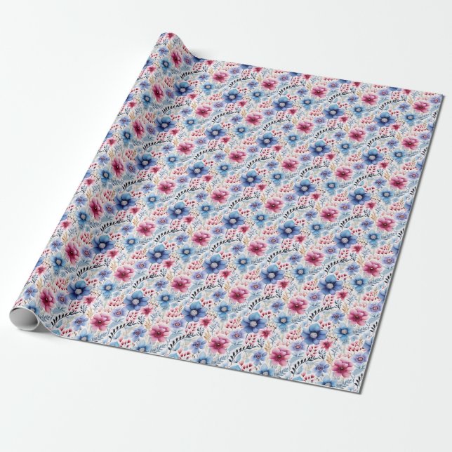 Papel de envolvimiento floral rosa y azul (Desenrollado)