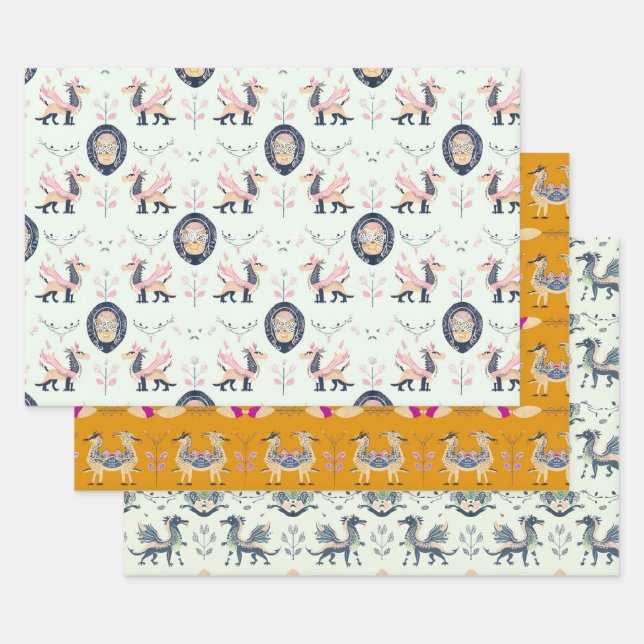 Papel de envolvimiento medieval Dragon de 3 hojas  (Set)