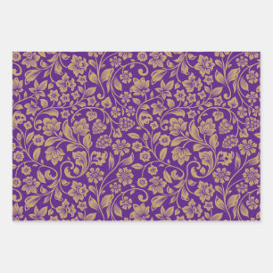 Papel de envolvimiento morado con patrón dorado
