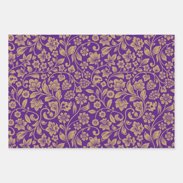 Papel de envolvimiento morado con patrón dorado (Anverso)