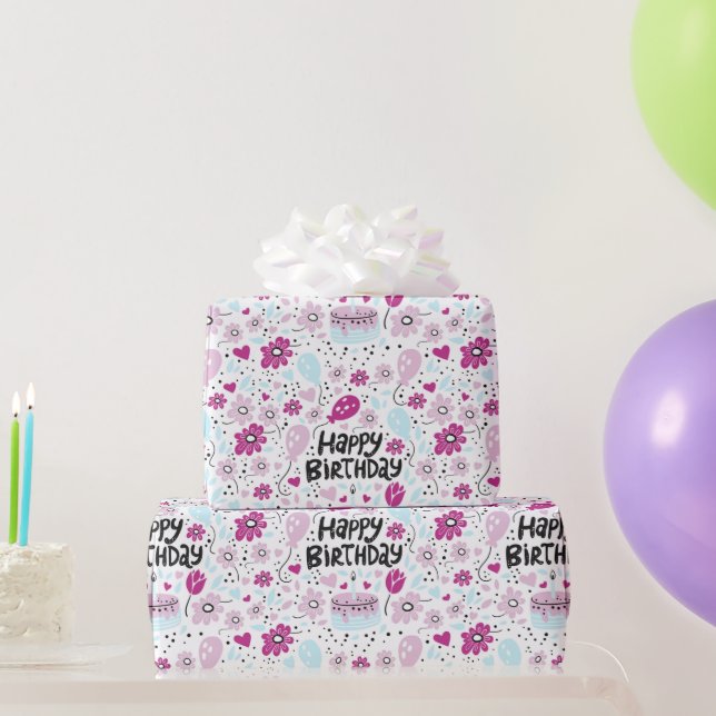 Papel de envolvimiento morado de cumpleaños floral (Regalos de fiesta)