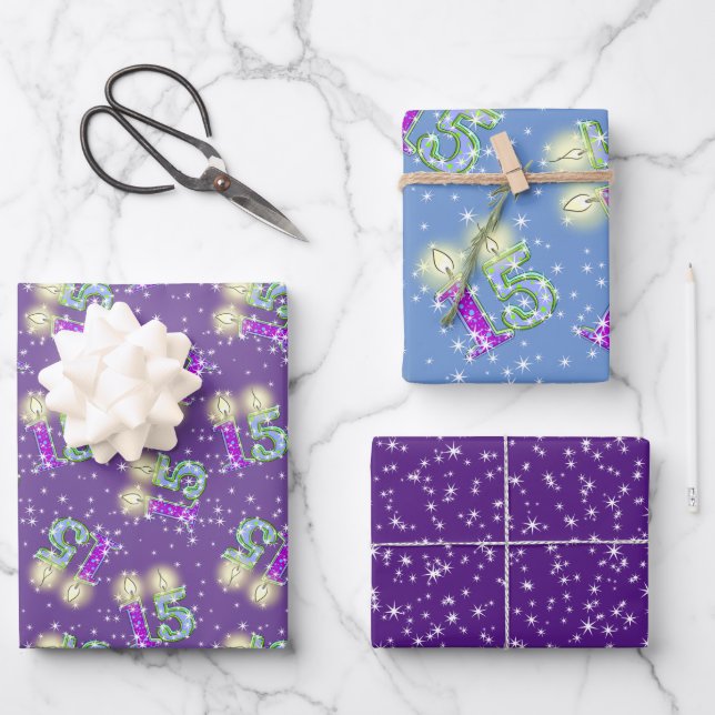 Papel de envolvimiento morado y azul para los 15 a (Anverso)