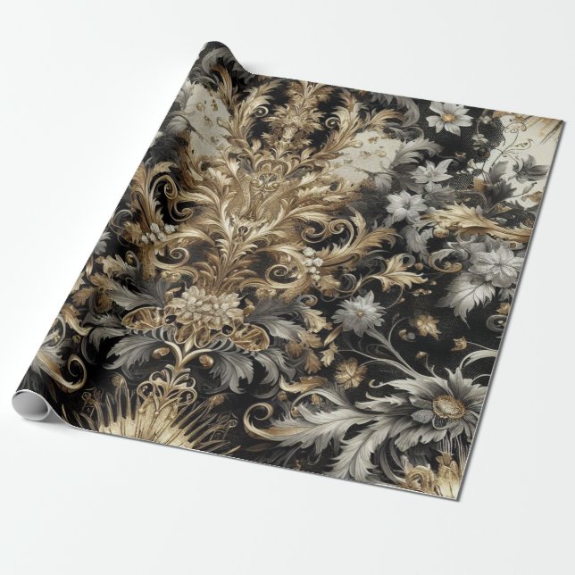 Papel de envolvimiento - Negro, blanco, floral de  (Desenrollado)