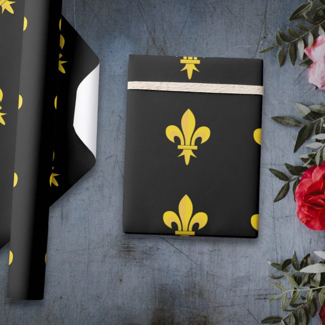 Papel de envolvimiento negro con oro Fleur de Lis (Black Wrapping Paper with gold Fleur de Lis)