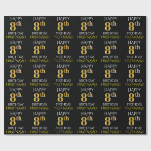 Papel de envolvimiento negro, "FELIZ 8 CUMPLEAÑOS"