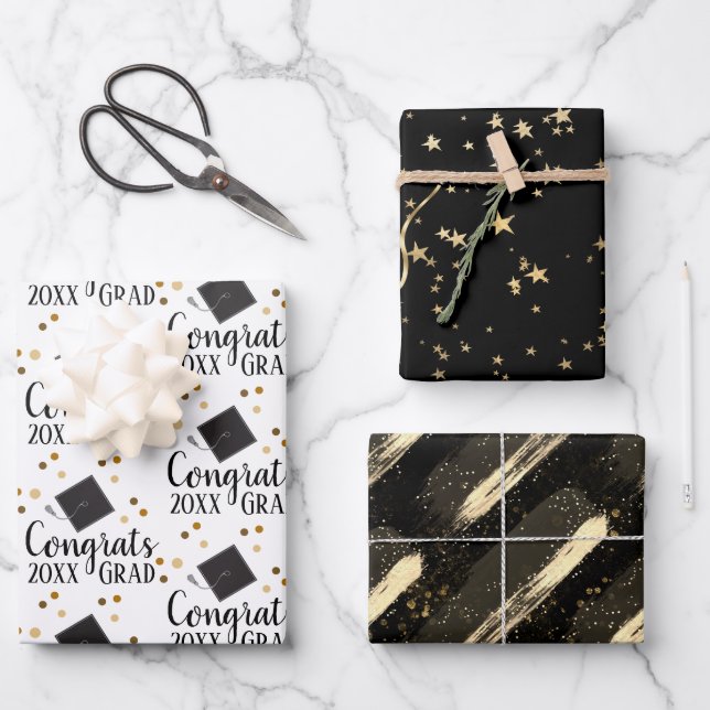 Papel de envolvimiento negro y dorado para felicit (Anverso)