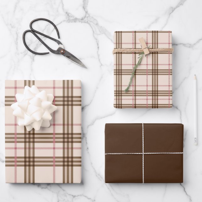 Papel de envolvimiento para tartán marrón beige rú (Anverso)