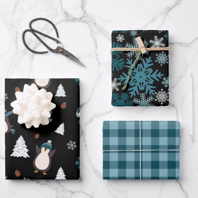 Papel de envolvimiento pingüino azul y blanco mode (Anverso)