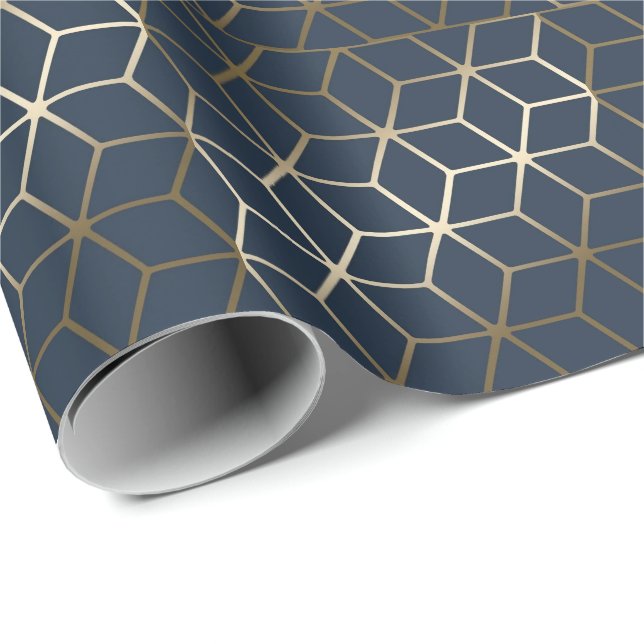 Papel de envolvimiento - Plata geométrica y azul/g (Esquina del rollo)