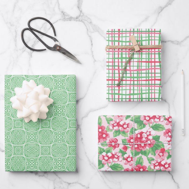 Papel de envolvimiento rosa y verde perrito (conju (Anverso)