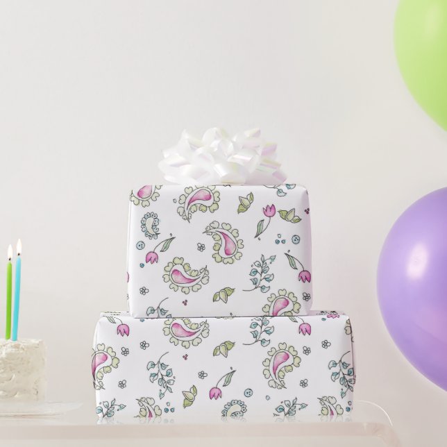 Papel de envolvimiento rosa y verde y acuarela (Regalos de fiesta)