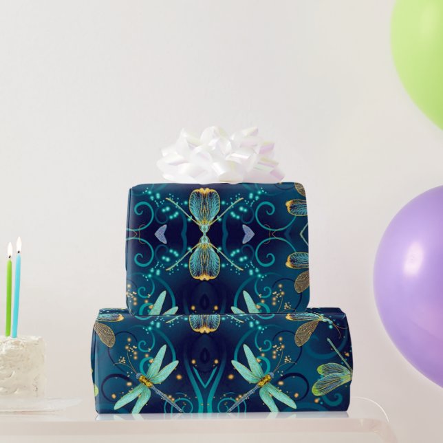 Papel de envolvimiento Verde azulado de Dragonflie (Regalos de fiesta)