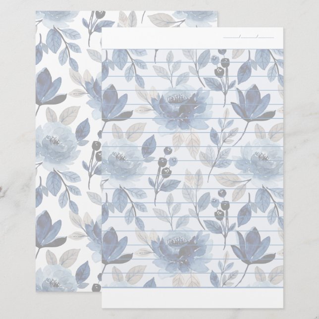 Papel de escritura azul de la marina floral Papel  (Anverso / Reverso)