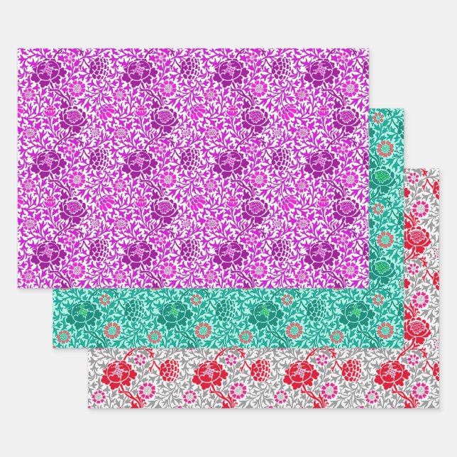 Papel de fondo jacobino floral, morado turquesa y  (Set)