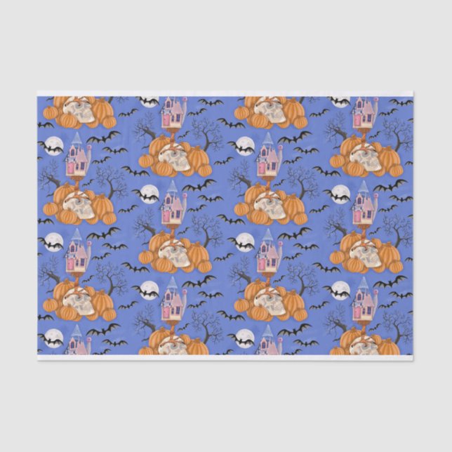 Papel de Halloween, calabazas, calaveras y murciél (Anverso)