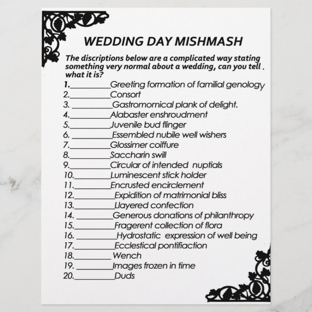 PAPEL DE JUEGO MISHMASH DEL DÍA DE LA BODA (Anverso)