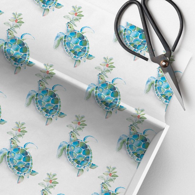 Papel de la tortuga marina Navidades de playa trop (Beach Christmas tissue paper watercolor sea turtle and botanical  art by Victoria Grigaliunas)