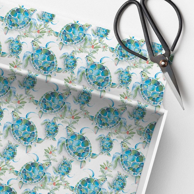 Papel de la tortuga marina Navidades de playa trop (Beach Christmas sea turtle tissue paper watercolor art by Victoria Grigaliunas Do Tell A Belle)