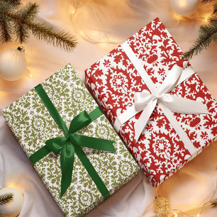 Papel de Navidad con Estampado de Damasco Rojo y V