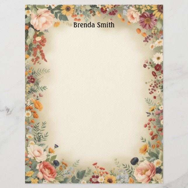 Papel de papelería con borde de flores campestres (Anverso)