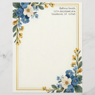 Papel de papelería con esquinas florales azules y 