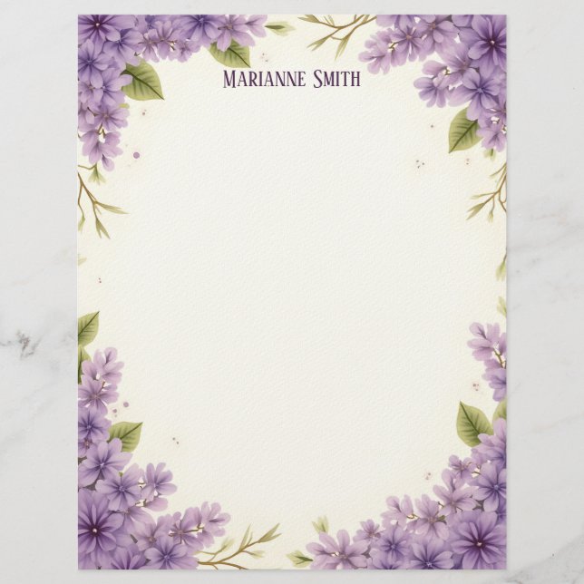 Papel de papelería con flores púrpuras (Anverso)
