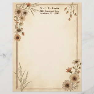 Papel de papelería con flores y hierba marrón y br