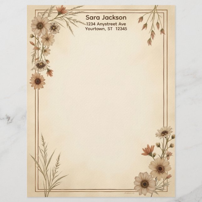 Papel de papelería con flores y hierba marrón y br (Anverso)
