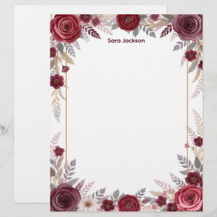 Papel de papelería floral borgoña con acentos gris