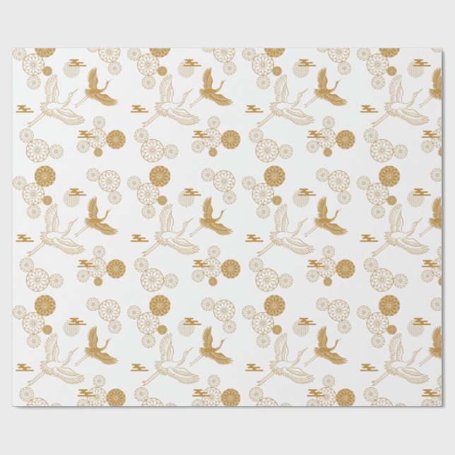 PAPEL DE REGALO 縁起の良い金色の日本の鶴模様 (Superficie plana)
