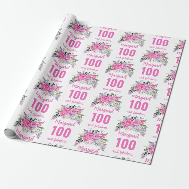 Papel De Regalo 100.º cumpleaños floral rosa (Desenrollado)