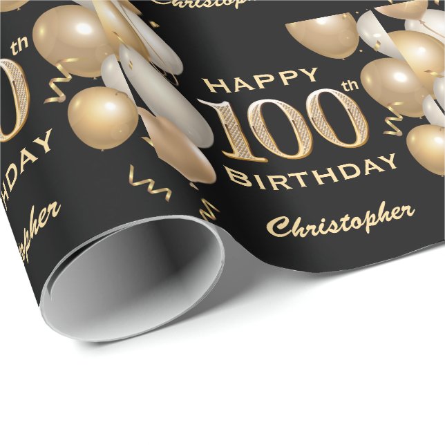 Papel De Regalo 100.º natalicio Globos de Purpurina Negro y Oro (Esquina del rollo)