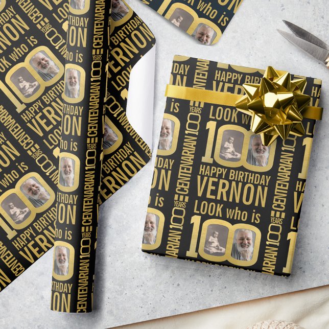 Papel De Regalo 100th birthday black gold custom photos name (Subido por el creador)