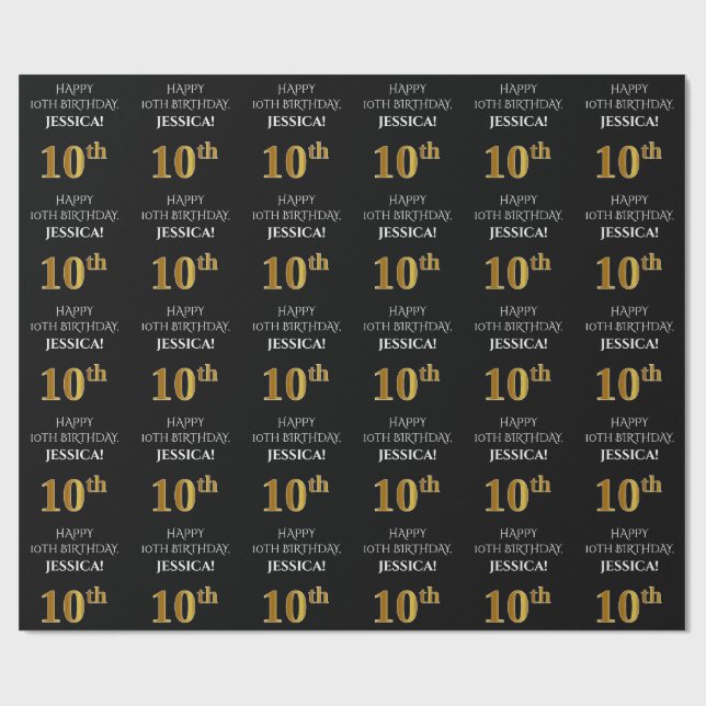 Papel De Regalo 10.º cumpleaños: Elegante, negro, falso dorado loo (Superficie plana)