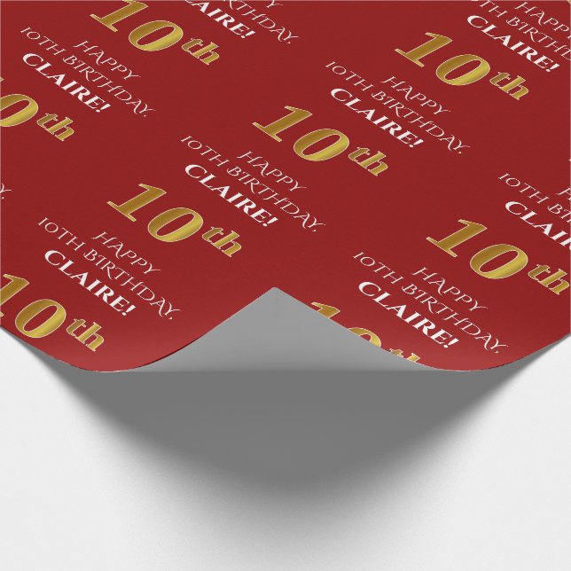 Papel De Regalo 10.º Cumpleaños: Elegante, Rojo, Faux Gold Look (Esquina)