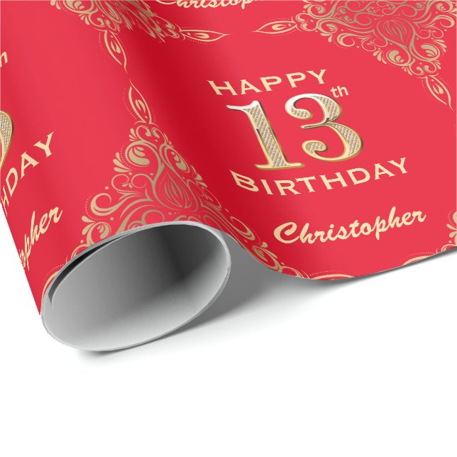 Papel De Regalo 13.º marco Purpurina rojo y dorado (Esquina del rollo)